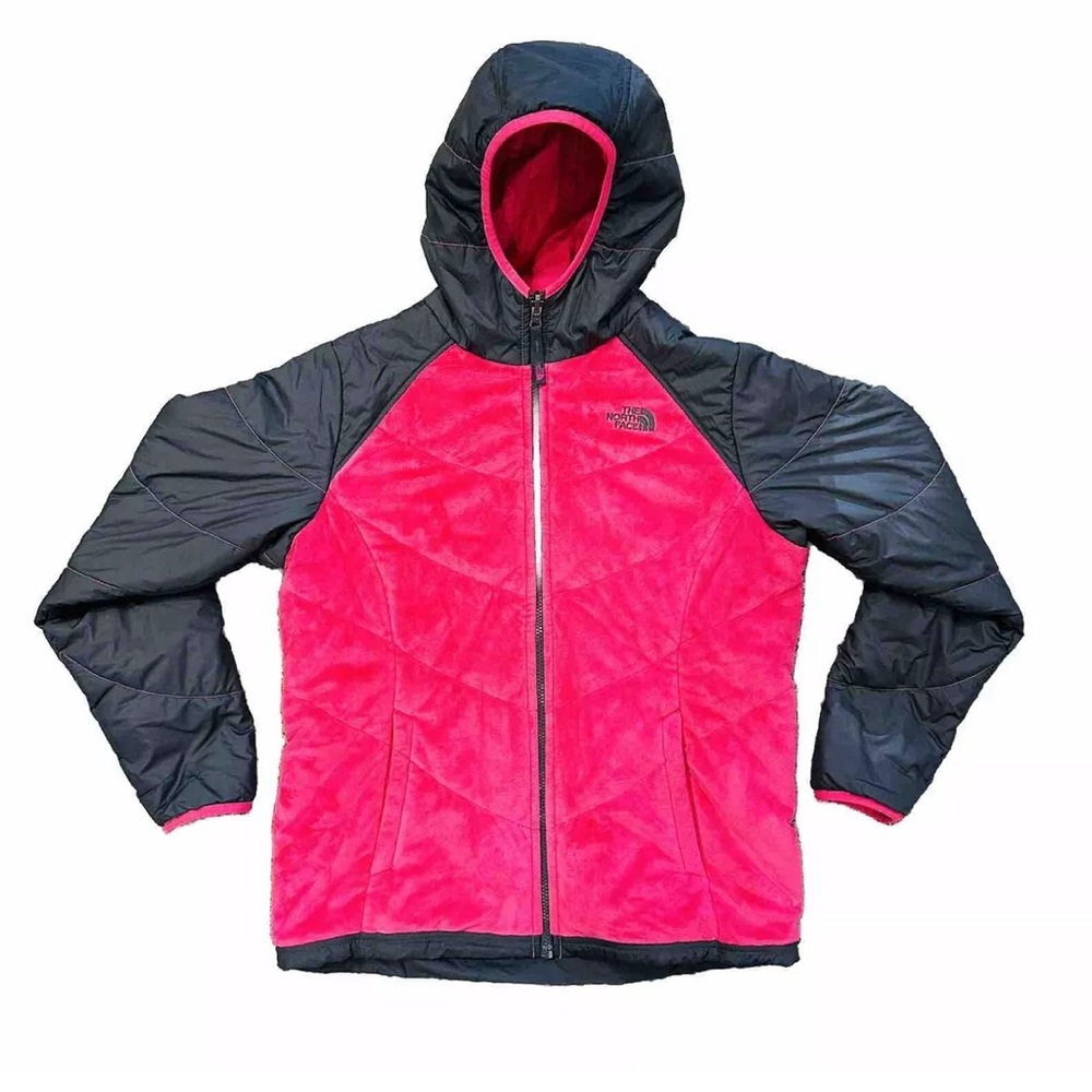 THE NORTH FACE Reversible Fleece Puffer Sherpa Coat Girls XL 14/16 Pink Gray